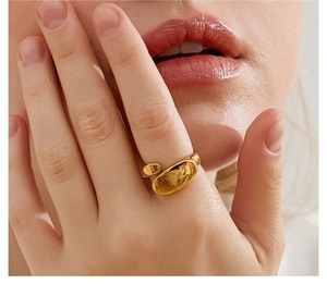 Close-up of minimalist irregular geometric gold ring worn on model for an elegant look