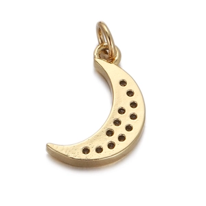 Detailed view of a gold-plated crescent moon pendant with decorative holes and metal ring
