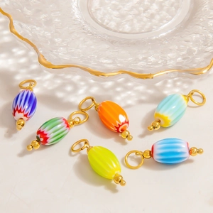 Colorful striped oval glass pendants with gold hardware for DIY jewelry making