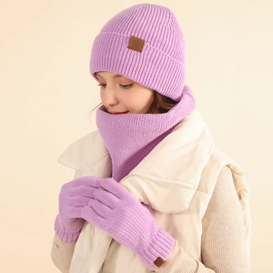 Winter three-piece purple knitted hat, scarf, and touchscreen gloves set with fleece lining