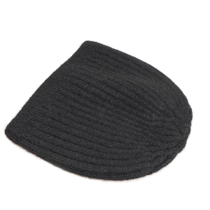 Close-up of black ribbed knit wool blend beanie showing thick texture and pattern detail