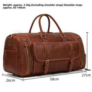 Detailed view of large vintage crazy horse leather travel bag with 58cm dimensions