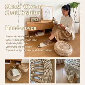 Handwoven round grass tatami floor cushion with white tassels and cotton padding