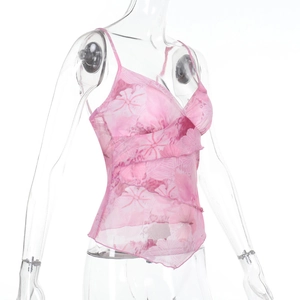 Detail view of pink floral mesh camisole with delicate ruffle hem and thin straps