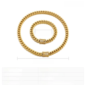 Detailed size and weight specs for gold iced out Cuban chain necklace and bracelet set