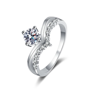 S925 Sterling Silver V-shaped ring with a round Moissanite stone and pave accents