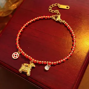 18K gold plated red string bracelet with zodiac horse pendant and sparkling crystal charm