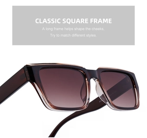 Macro detail of classic square frame sunglasses with gradient dark brown lenses