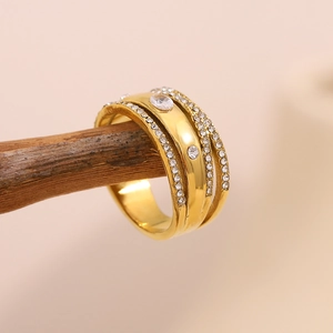 18K gold plated multi-layer stainless steel ring with zircon accents and oval stone