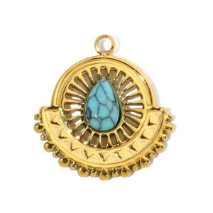 Detailed view of teardrop natural stone pendant with gold geometric evil eye design