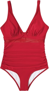 Detail of dark red one-piece swimsuit with mesh panels and ruched tummy control design