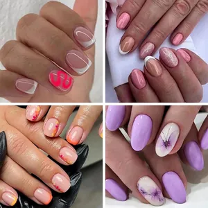 Press On Nails Artificial False French Style Floral Gradient Glitter Elegant Long Medium Wearable For Women