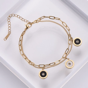 Elegant 18k gold plated double layer bracelet with Roman numeral diamond charms