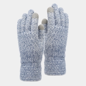Detail of blue knitted touchscreen gloves with warm fleece texture and ribbed cuffs
