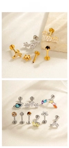 Macro display of titanium body piercing jewelry with colorful cubic zirconia and labrets