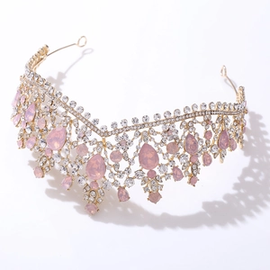 Baroque gold bridal crown with large pink pear crystals and sparkling rhinestones