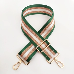 Adjustable 5cm wide green and gold striped shoulder strap with gold metal buckles
