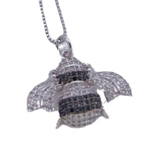 Sparkling silver bee pendant necklace with clear and dark micro-pave cubic zirconia