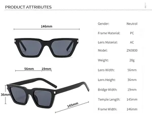Detailed size specifications for PC cat-eye sunglasses including frame width and lens height