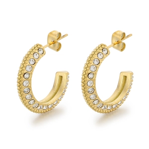 18k gold plated stainless steel C-shaped hoop earrings with micro-pave crystals