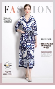 Full view of blue porcelain print shirt dress with mid-sleeves and waist belt