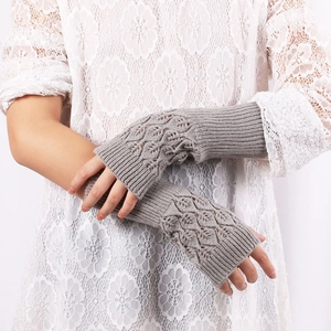 Elegant long grey knit arm warmers with leaf hollow pattern and fingerless design