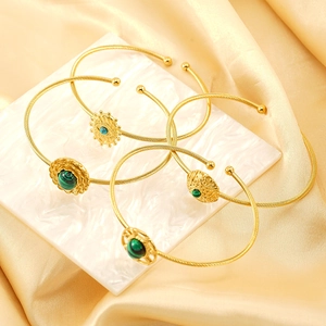 Evil Eye Open Cuff Bracelet 18K Gold Plated 304 Stainless Steel Twisted Wire Retro Malachite Inlaid Bangle For Women