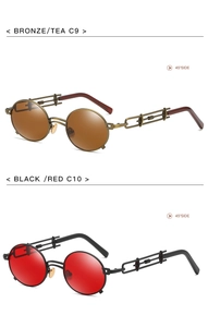 Detail view of steampunk round metal sunglasses in bronze and black frame styles