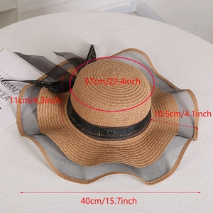 Detailed size specifications for wide-brim straw hat with 57cm head circumference measurement
