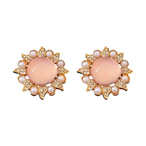 Boucles d'oreilles vintage tournesol avec pierre rose, perles et cristaux