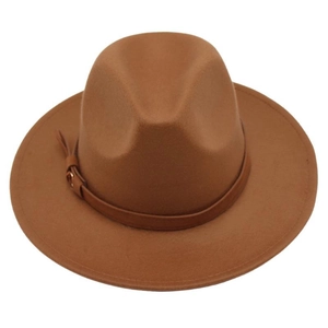 Detail of camel wool fedora hat featuring a brown leather belt with metal buckle accent