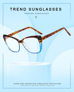 Detailed macro view of TR90 cat-eye frame in tortoise shell and translucent blue design