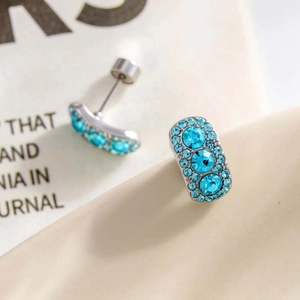 Rectangle silver stud earrings with light blue zircon stones in micro-pave setting