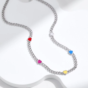S925 sterling silver choker necklace with colorful enamel heart pendants on a display