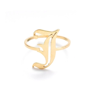 Detailed view of vintage gold gothic letter J open ring on a clean white background