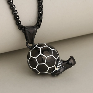 Black soccer shoe and football pendant with matching box chain for men's fashion jewelry