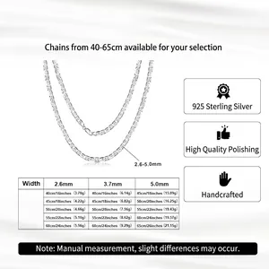 S925 sterling silver chain necklace size chart featuring various lengths and weights