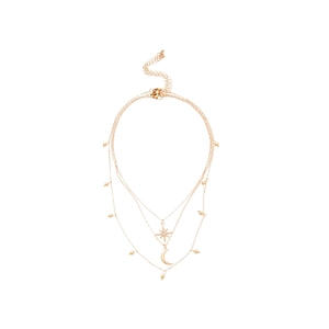 Three-layer gold star and moon pendant necklace with crystal accents and lobster clasp