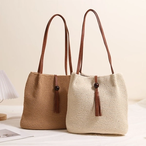 Woven Cotton Rope Shoulder Bag With Wood Bead Tassel Bohemian Beach Tote For Women Vacation Summer Style