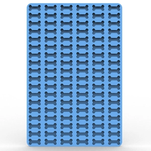 Blue silicone mold featuring small bone-shaped cavities for dog treats and chocolates