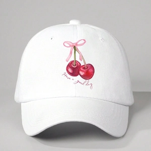 White cotton baseball cap with cherry print and Have a good day text decoration
