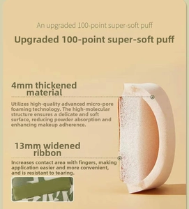 Detail view of 4mm thick makeup sponge with micro-pore foam and 13mm wide ribbon