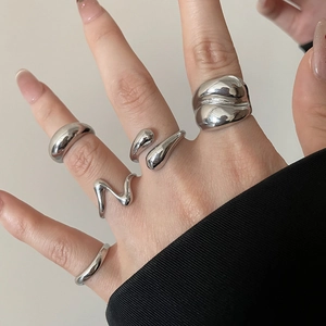 Detail view of five-piece minimalist liquid metal silver ring set on female hand