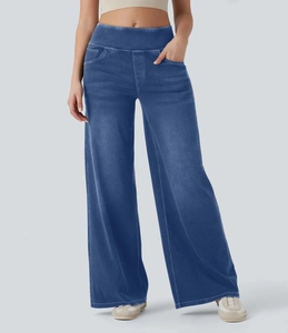 Detailansicht der weiten Denim-Hose mit hoher Taille in Dunkelblau für Damen