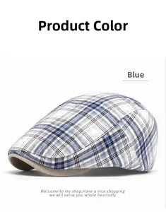Detail of blue plaid ivy cap featuring breathable fabric and brown brim contrast