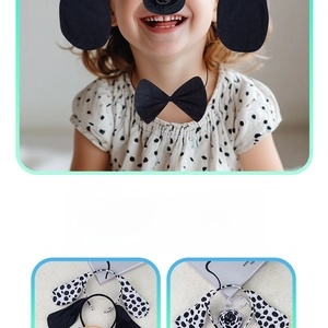 Detail of spotted dog ears headband and black bow tie set for kids costume