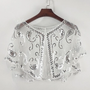 White sheer tulle shawl with elegant silver sequins and paisley patterns for women