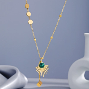 Malachite fan necklace with gold radiant pendant and asymmetrical chain for women