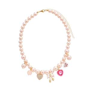 Choker en perles roses avec pendentif cœur en strass, nœud et message Hug Me