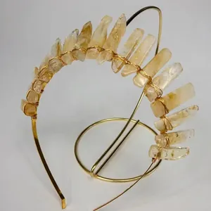 Handmade gold crystal crown headband with raw yellow gemstones for bridal wedding hair
